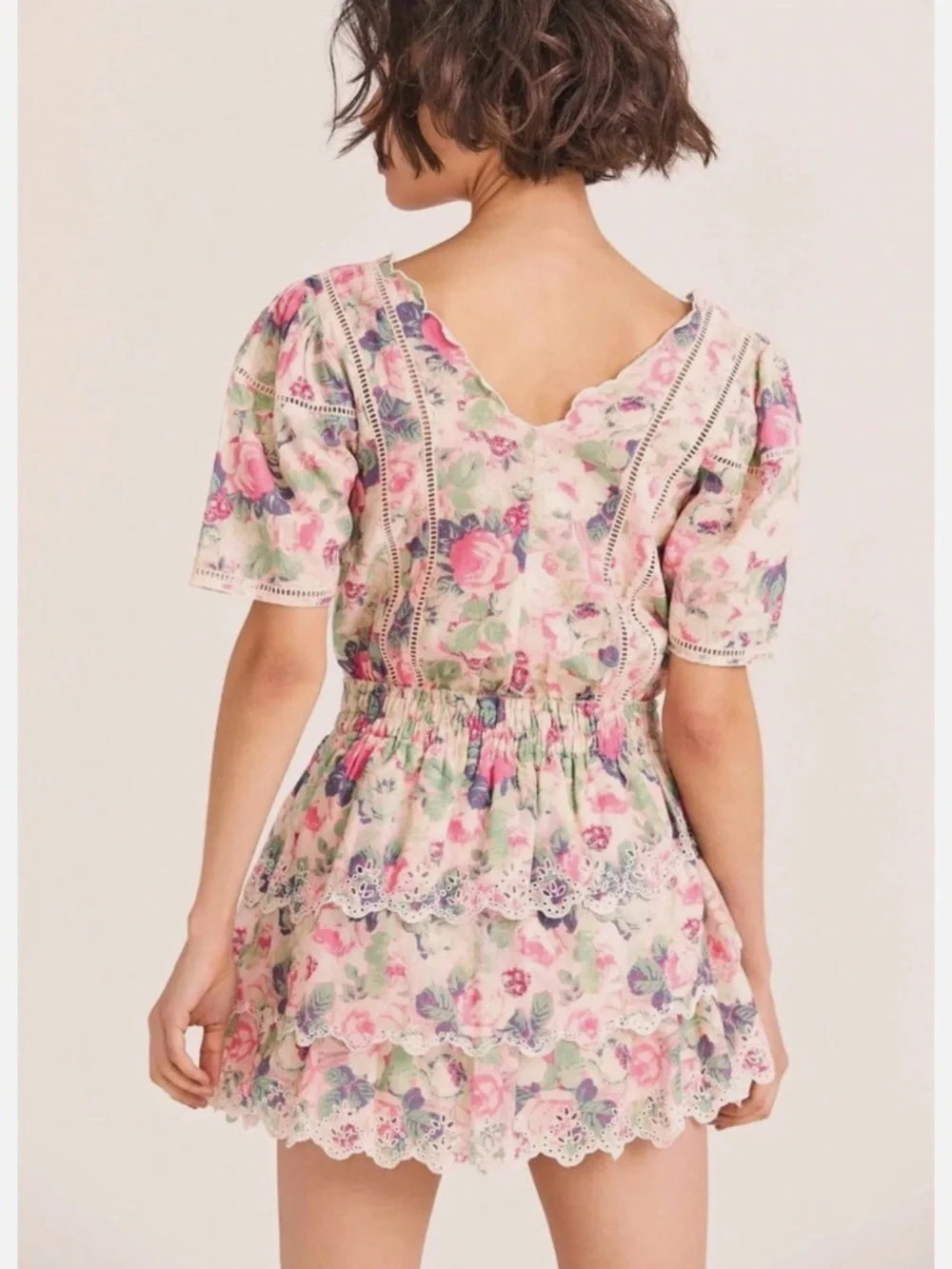 LoveShackFancy Mavis Tiered Mini Cotton Dress in Veiled Kiss Floral Pink - L - Picture 2 of 6